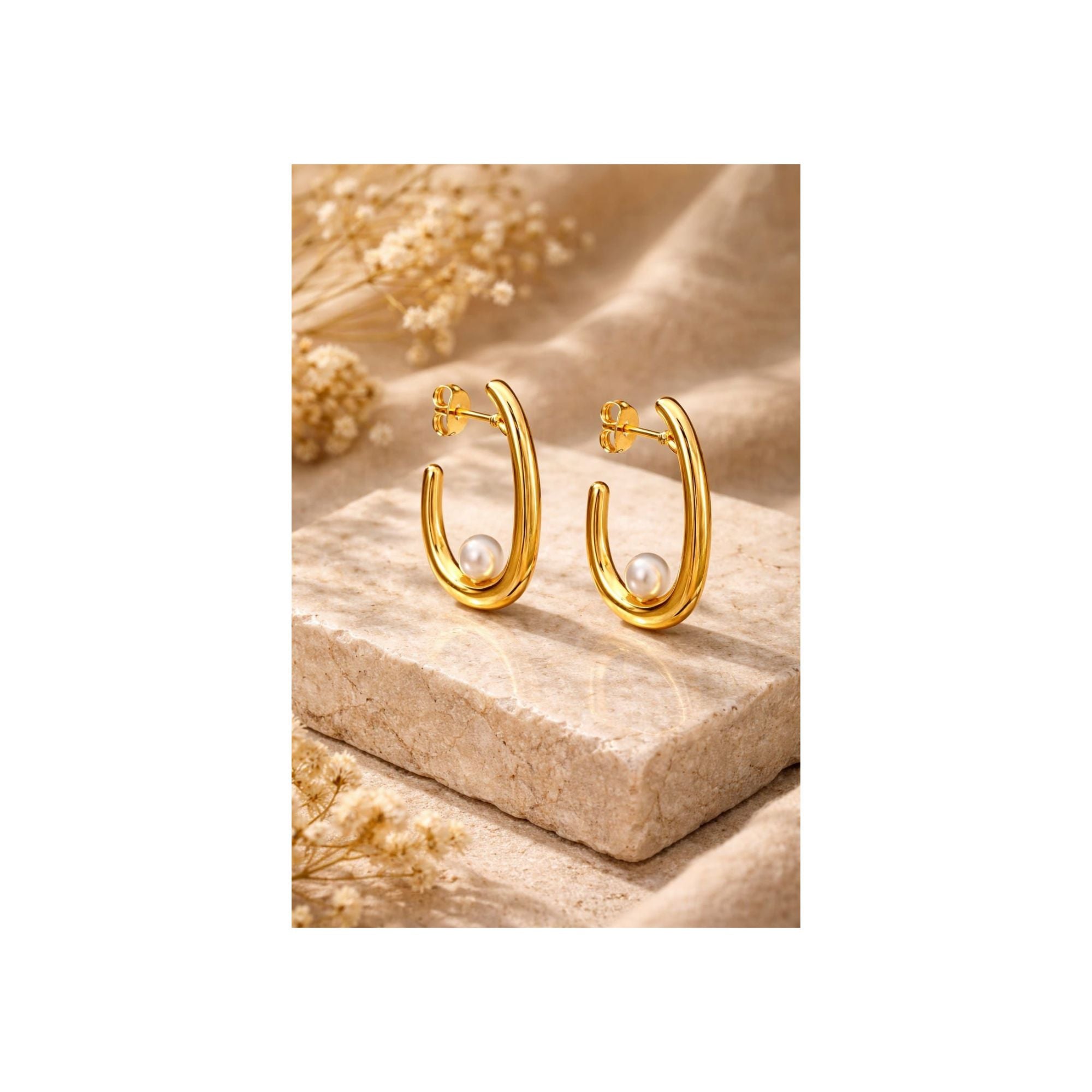 ✨ Pearl Drop Curve Gold Hoops | Anti-Tarnish 316L Stainless Steal ✨