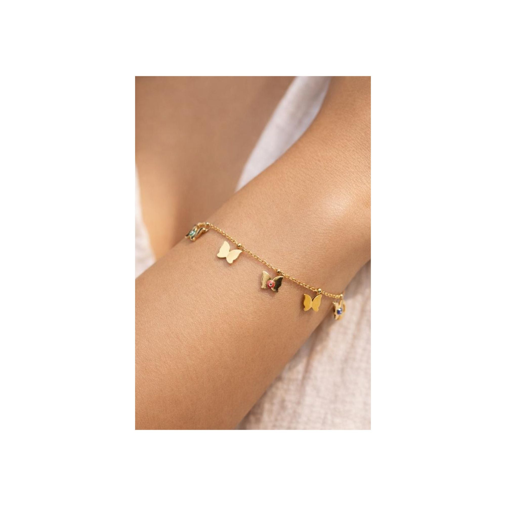 🦋 Gold Butterfly Evil Eye Anti-Tarnish Charm Bracelet 🧿