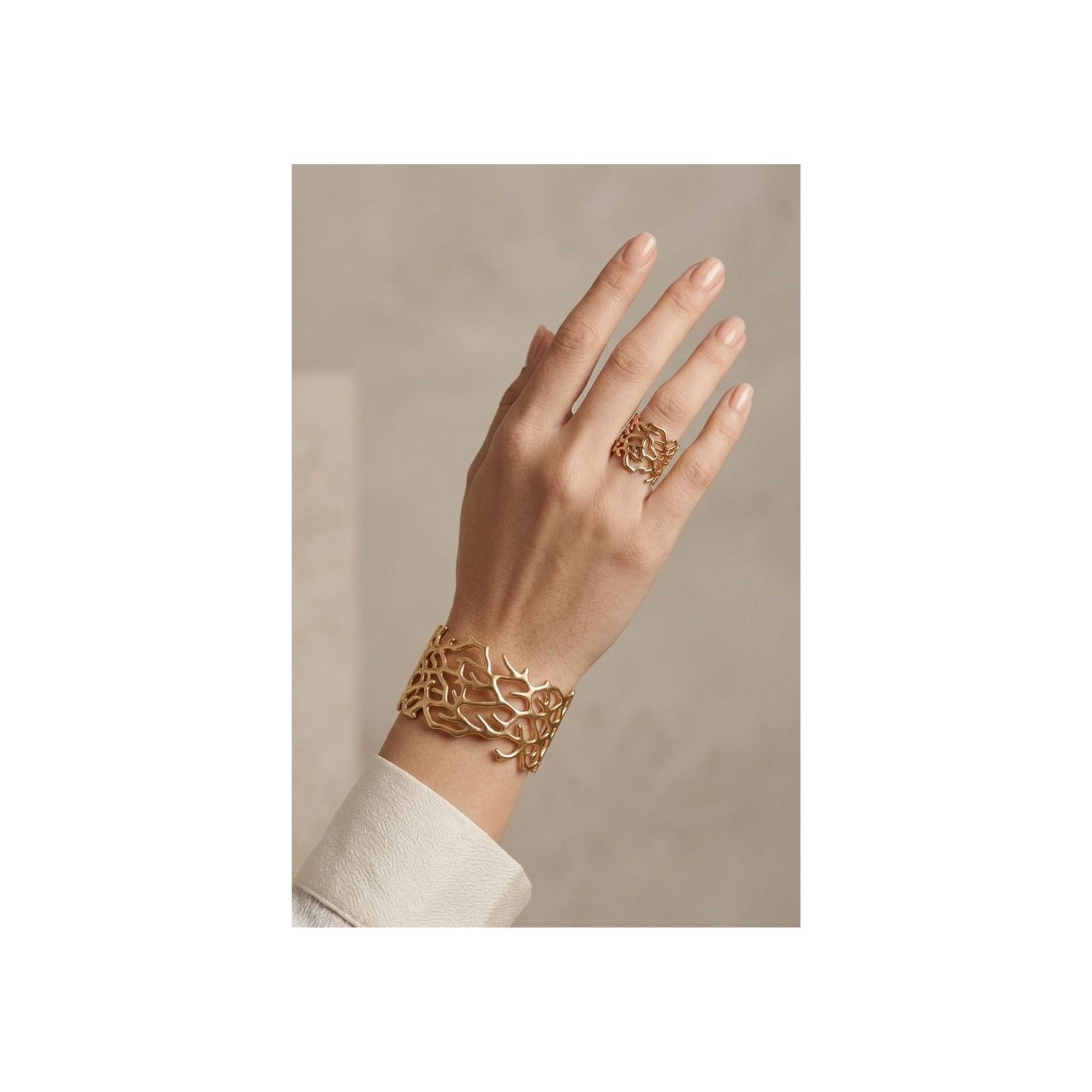 Golden Coral Cuff Bracelet & Ring Set