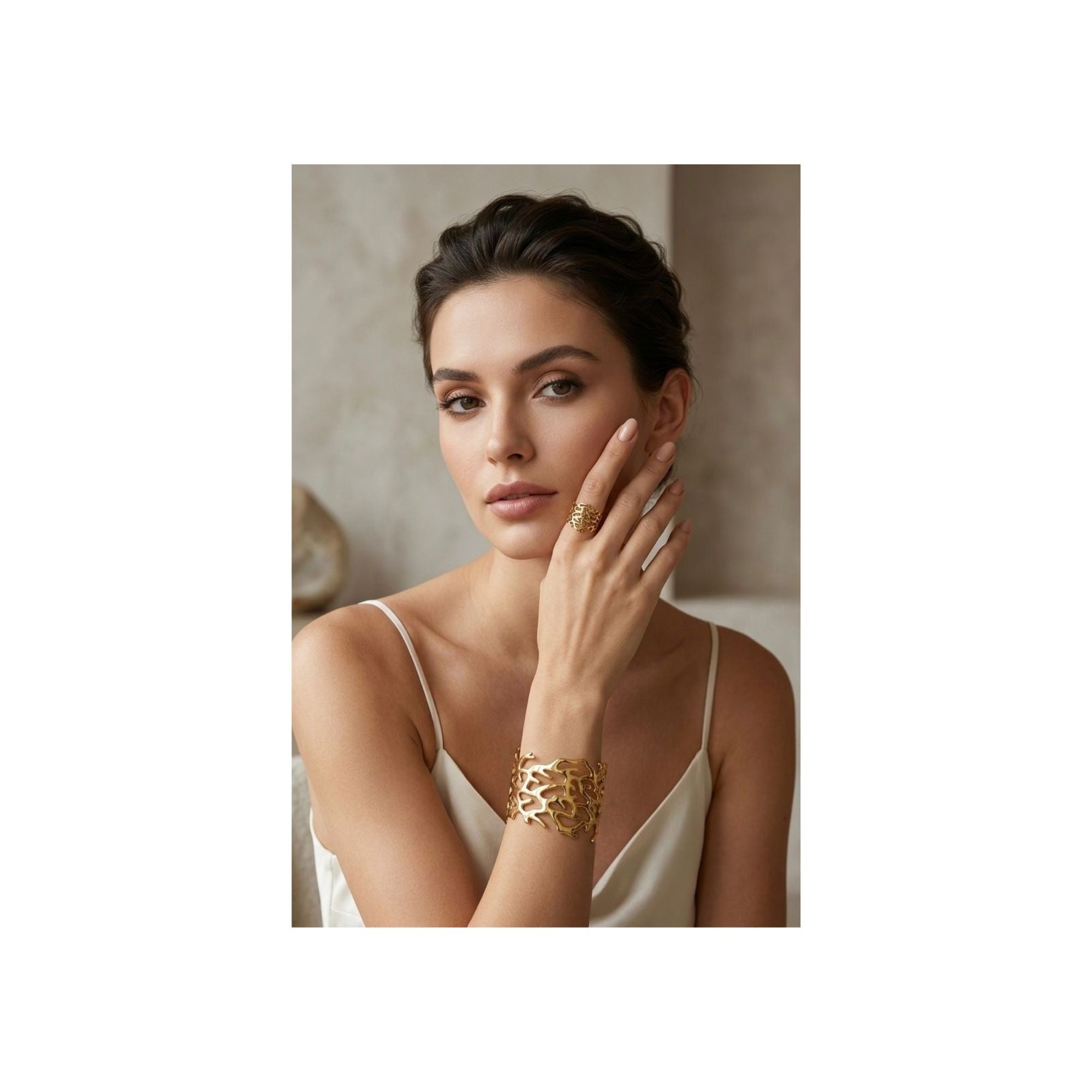 Golden Coral Cuff Bracelet & Ring Set