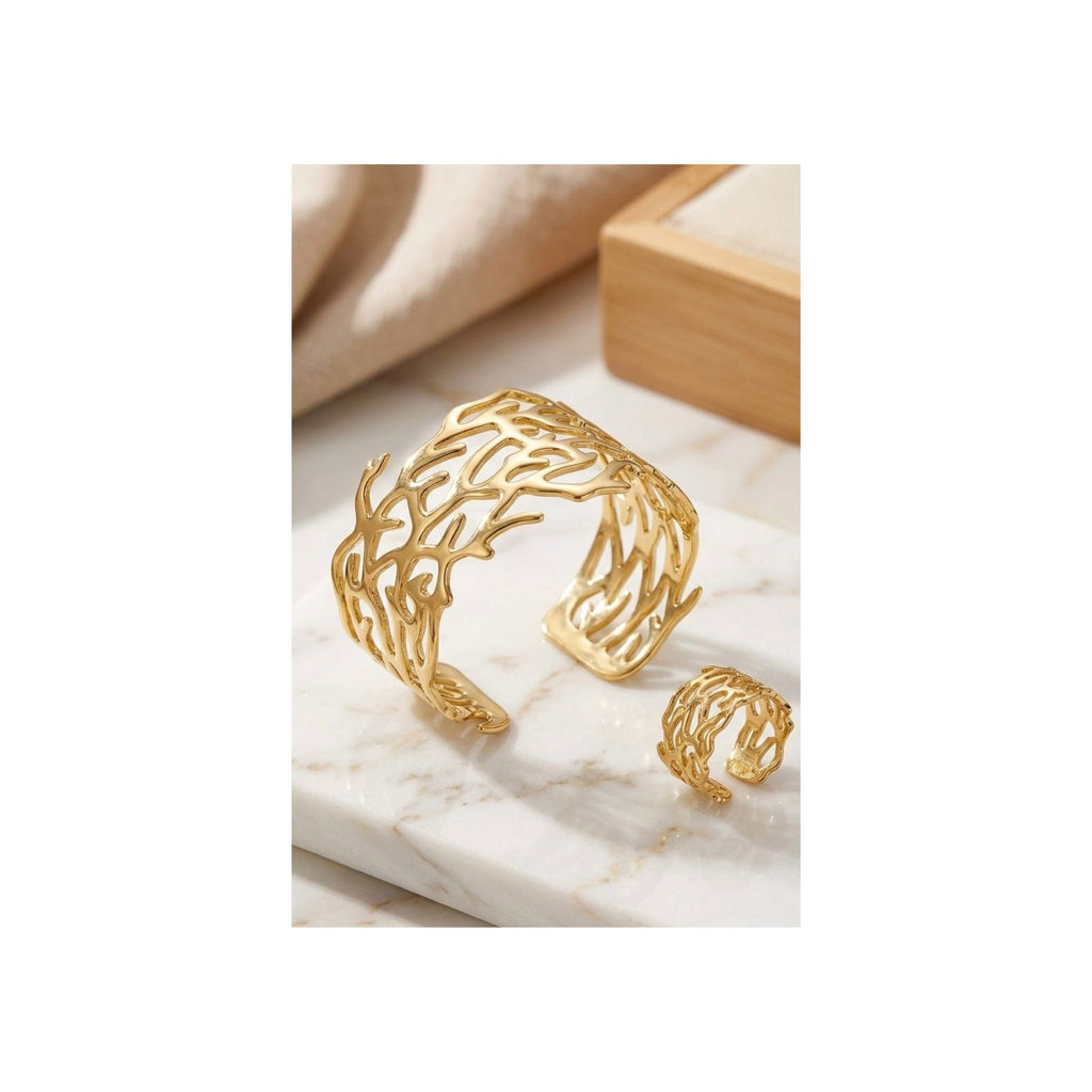 Golden Coral Cuff Bracelet & Ring Set