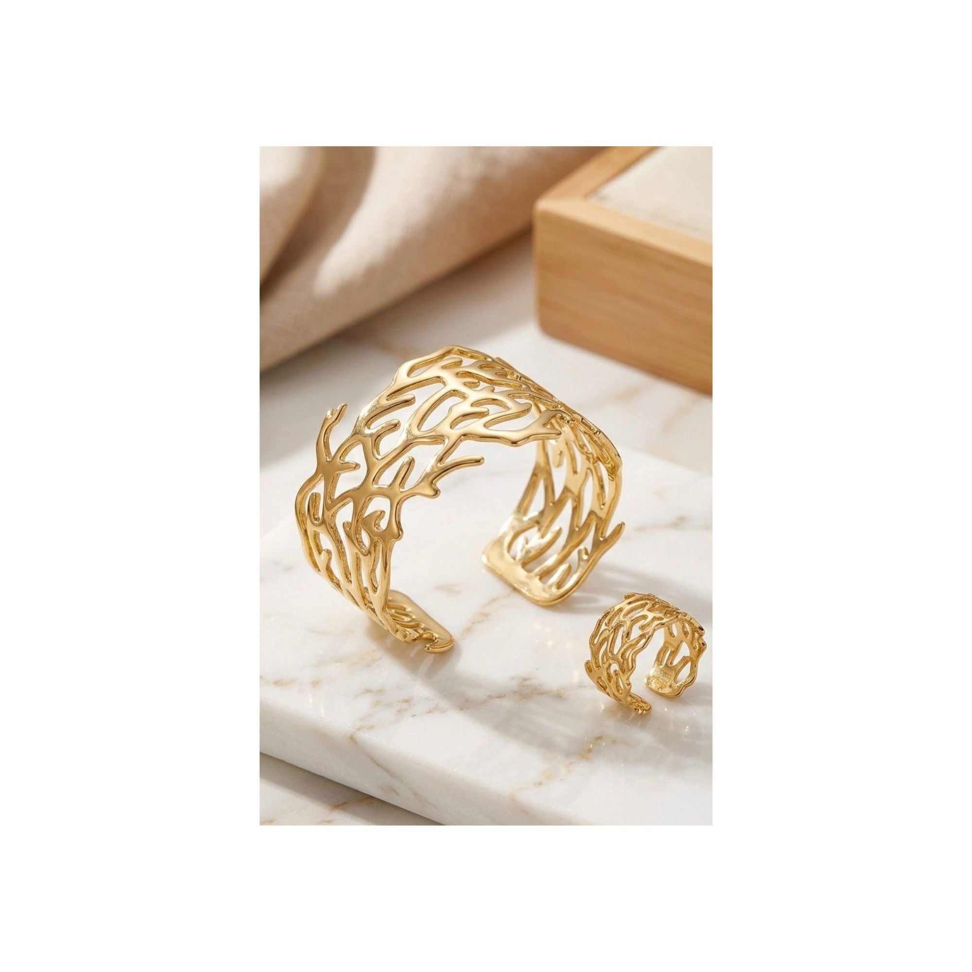 Golden Coral Cuff Bracelet & Ring Set