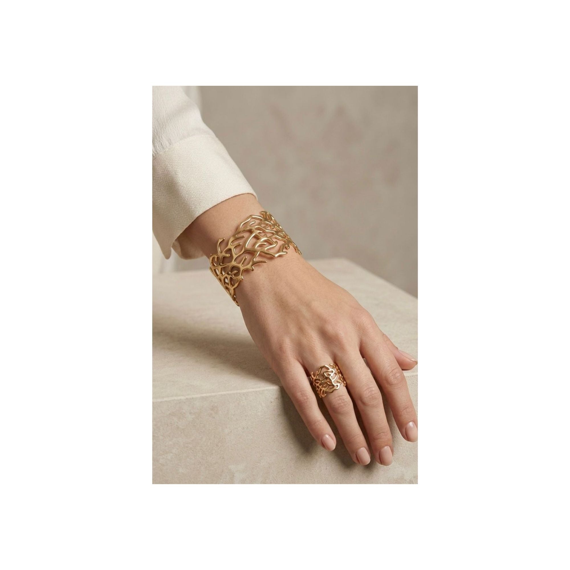 Golden Coral Cuff Bracelet & Ring Set