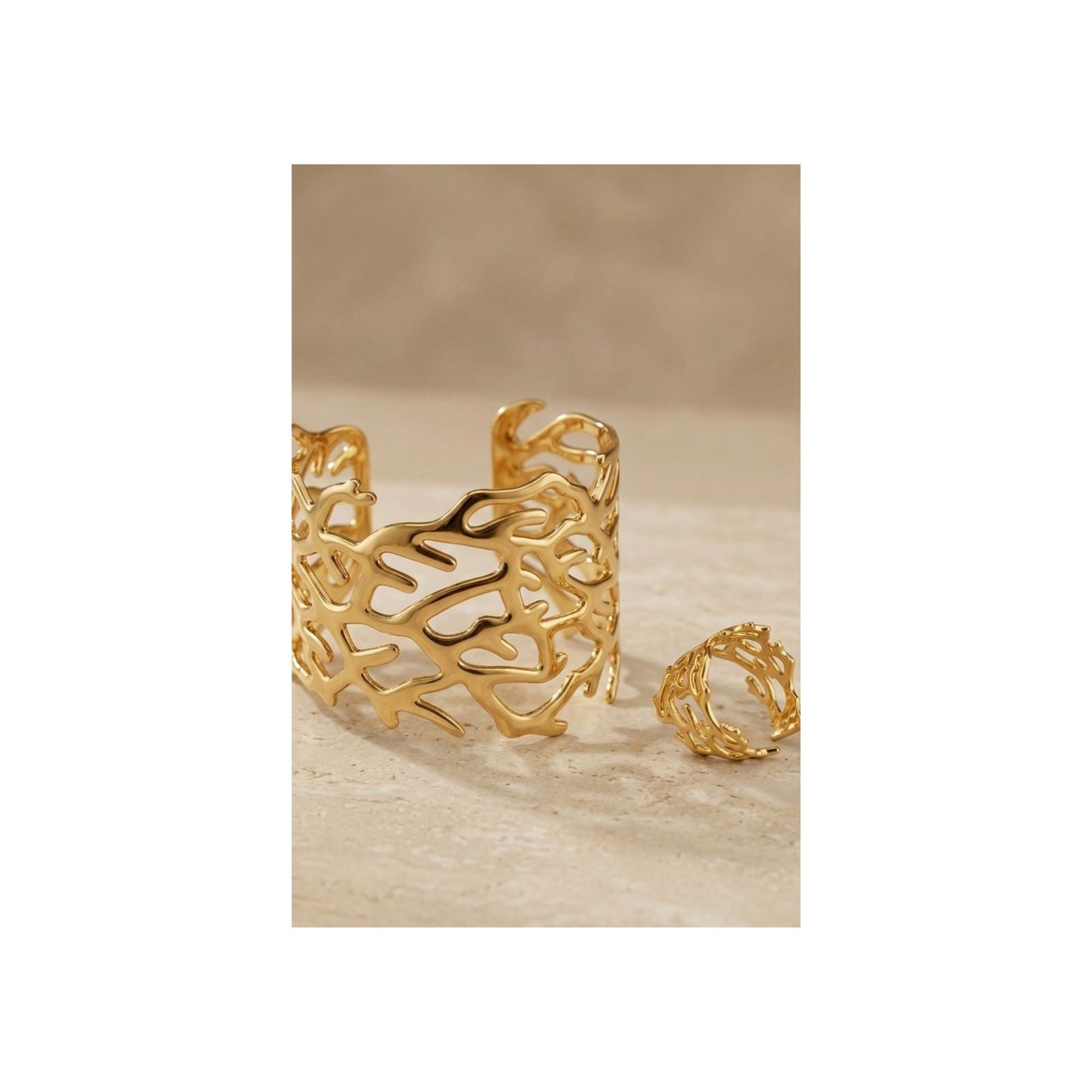Golden Coral Cuff Bracelet & Ring Set