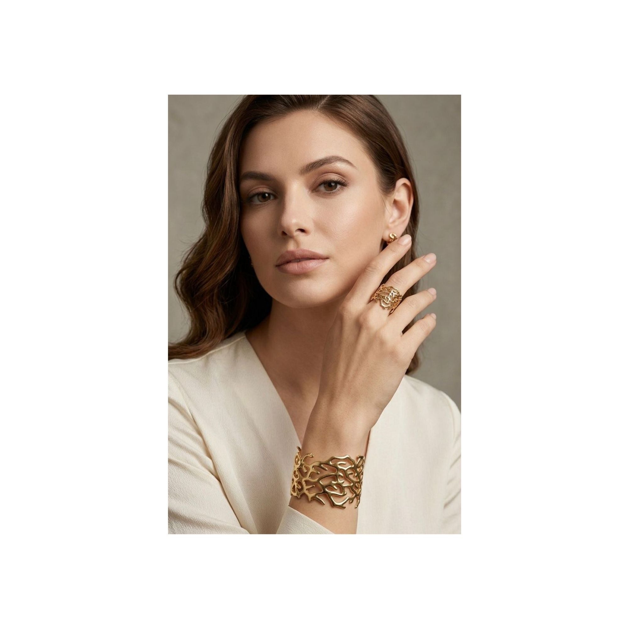 Golden Coral Cuff Bracelet & Ring Set