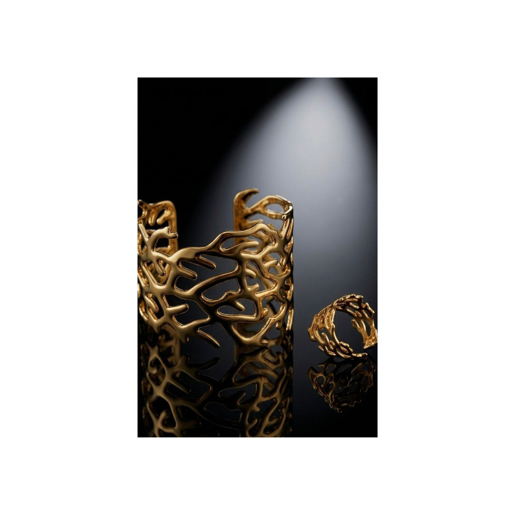 Golden Coral Cuff Bracelet & Ring Set