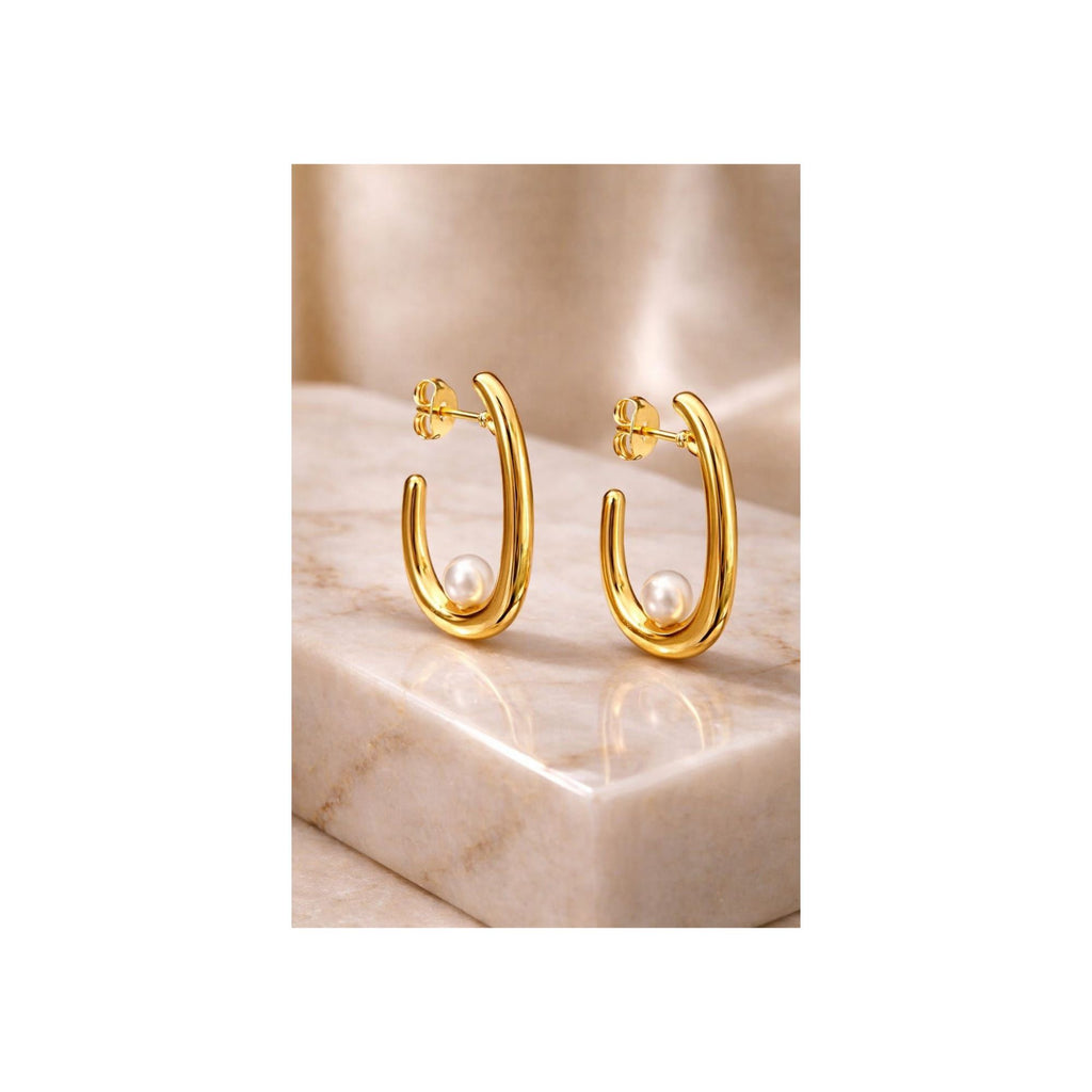 ✨ Pearl Drop Curve Gold Hoops | Anti-Tarnish 316L Stainless Steal ✨