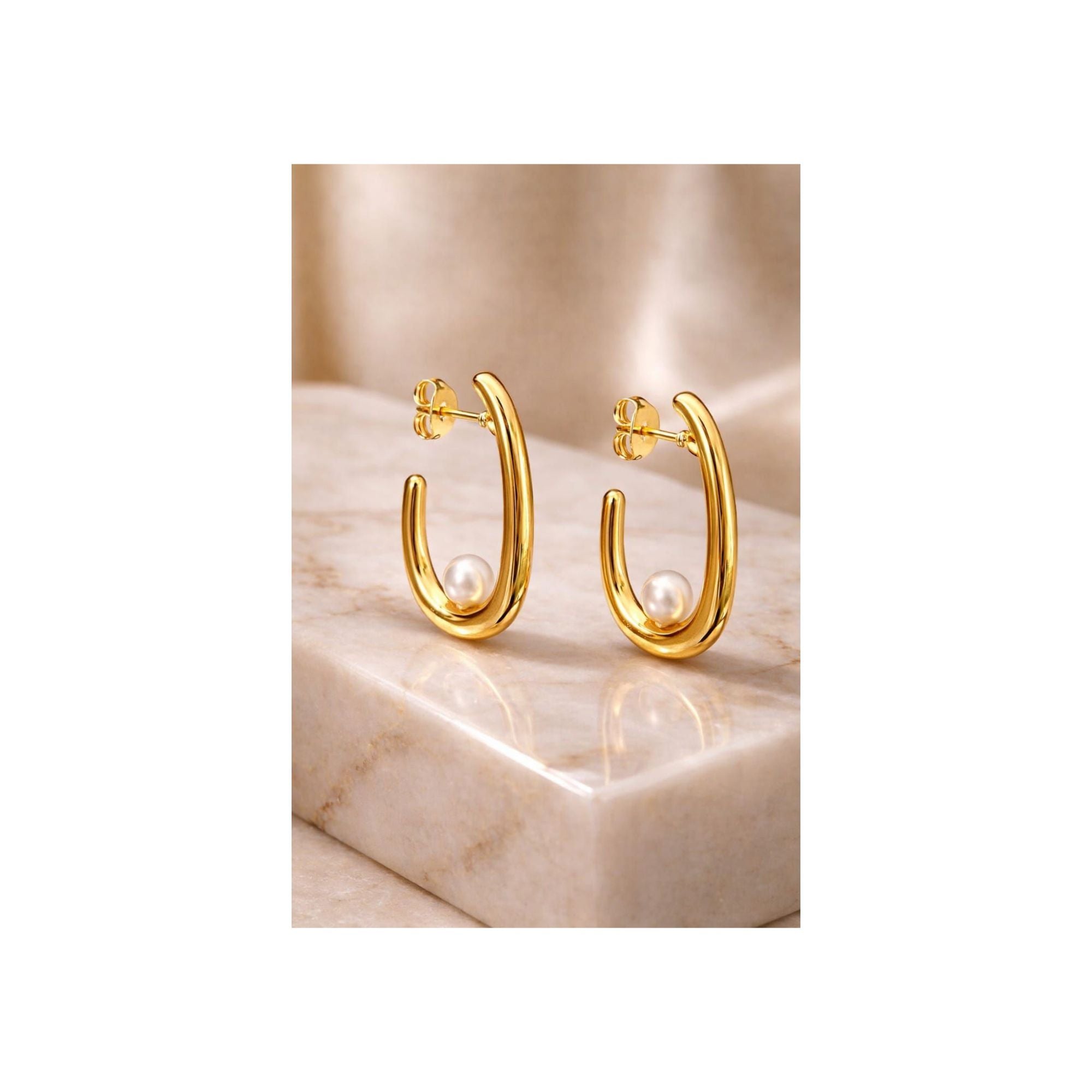 ✨ Pearl Drop Curve Gold Hoops | Anti-Tarnish 316L Stainless Steal ✨